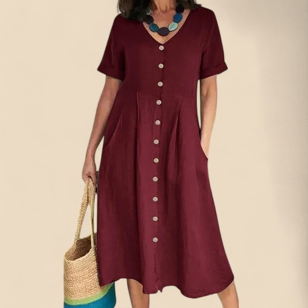 Vivienne | Vestido MIDI Con Cuello en V Y Botones en La Parte Delantera