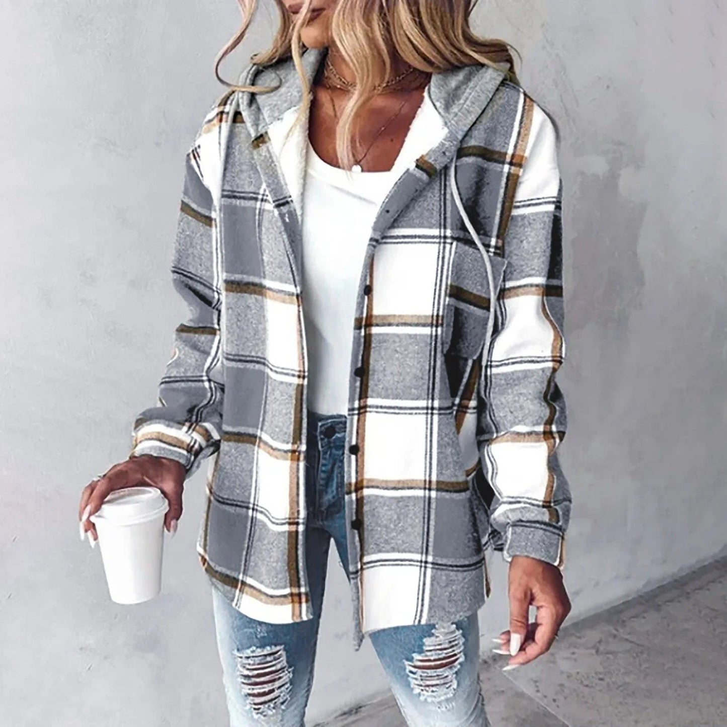 Katherina | Chaqueta Tipo Camisa a Cuadros Con Capucha Y Botones