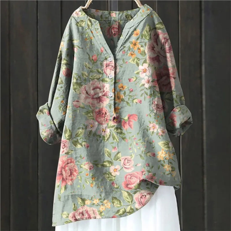 Jovita - Blusa de Manga Larga Con Cuello en V y Estampado Floral