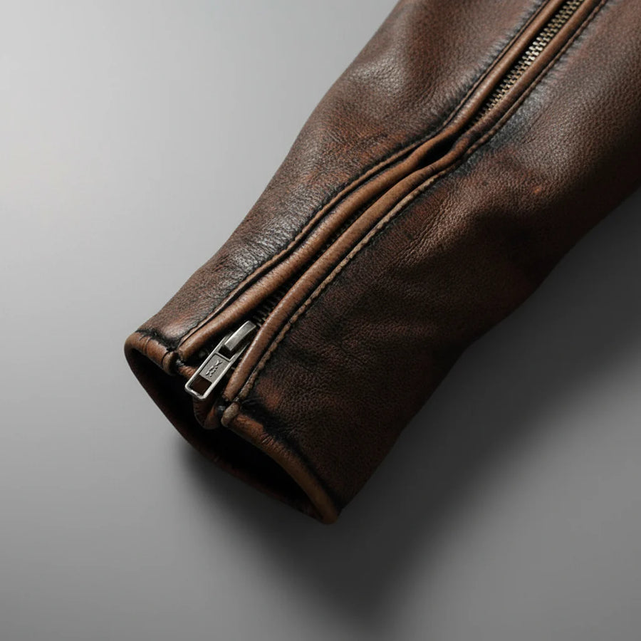 Samer | Chaqueta Moto Marrón Con Cremallera Hombre
