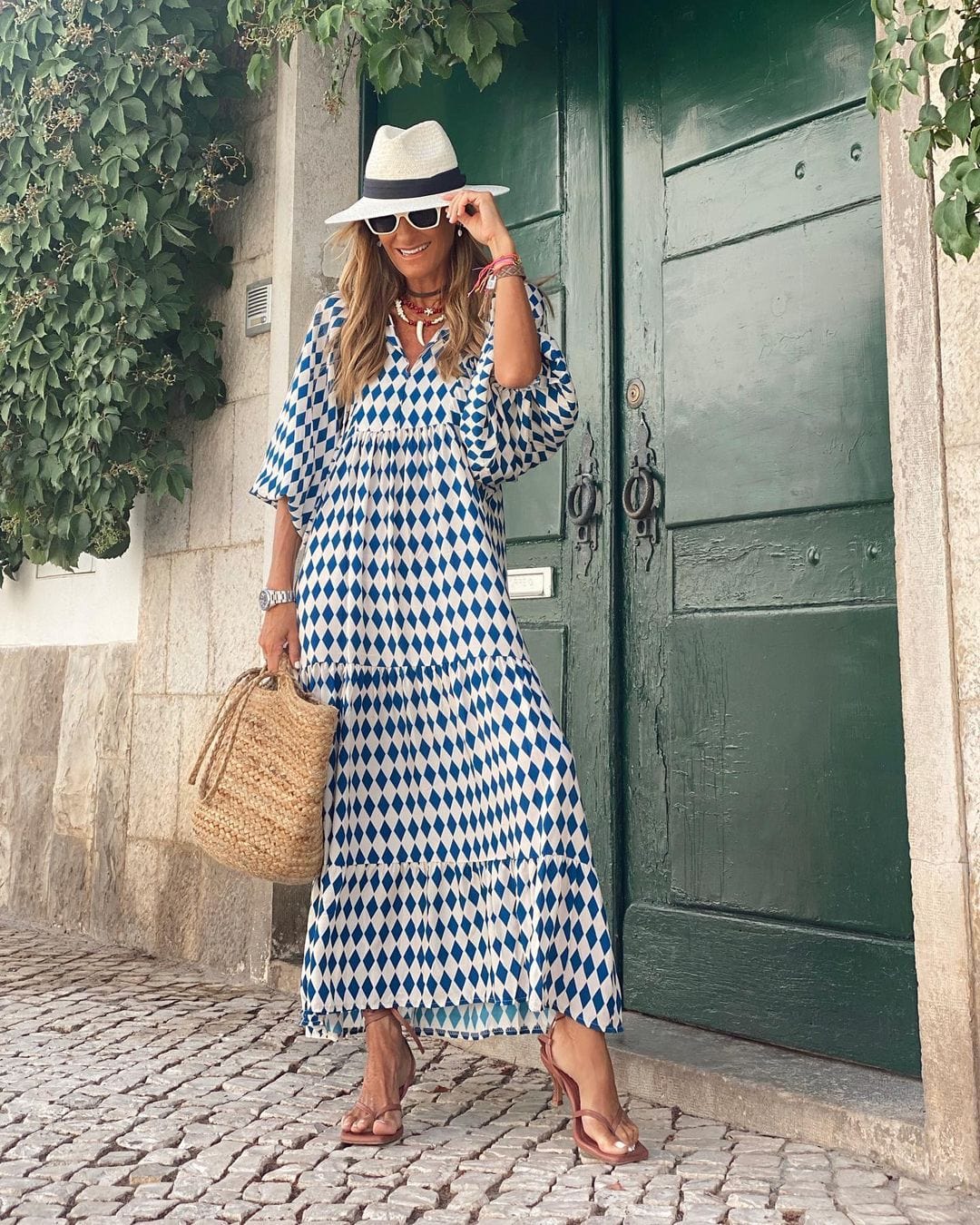Tessa | Vestido Largo con Cuello en V y Estampado Geométrico