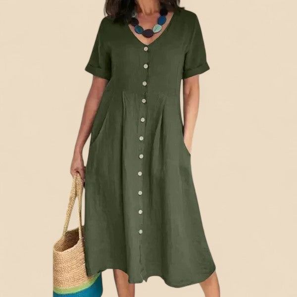 Vivienne | Vestido MIDI Con Cuello en V Y Botones en La Parte Delantera