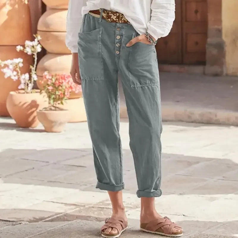 Inge - Pantalones Ajustados Tobilleros Con Botones Frontales y Bolsillos Funcionales