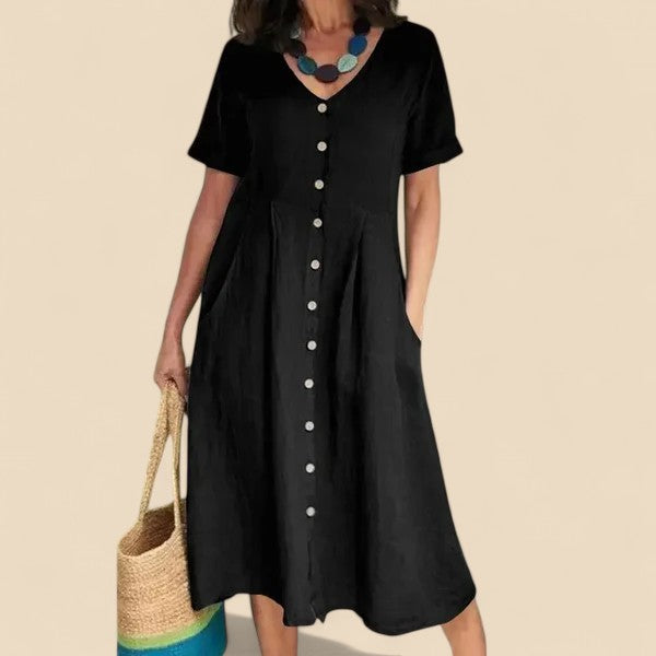 Vivienne | Vestido MIDI Con Cuello en V Y Botones en La Parte Delantera