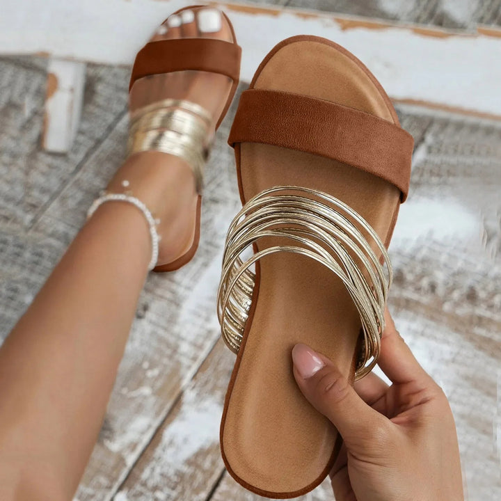 Mukaina | Sandalias Planas Doble Tira Metálica