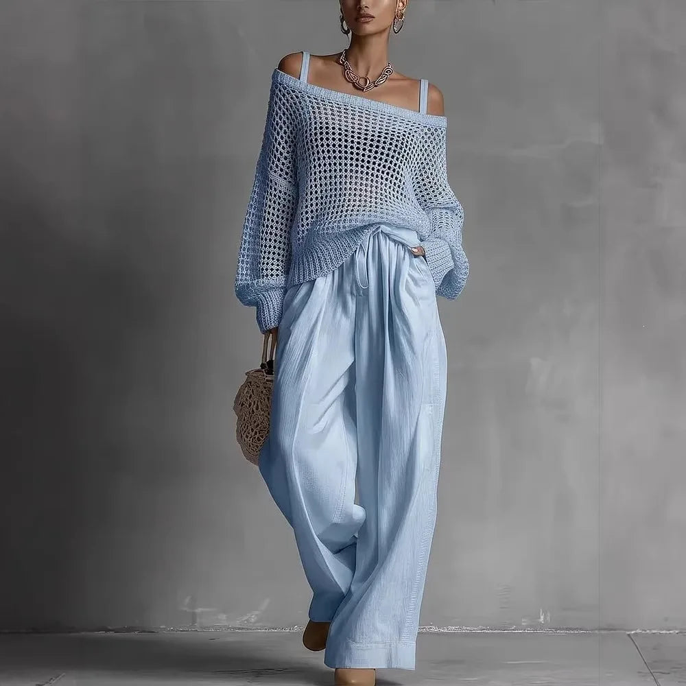 Shaneka | Conjunto De Top De Punto Con Hombros Al Descubierto Y Pantalón De Pierna Ancha