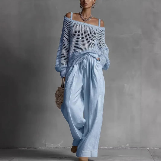 Shaneka | Conjunto De Top De Punto Con Hombros Al Descubierto Y Pantalón De Pierna Ancha