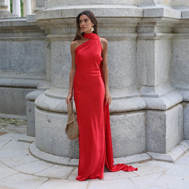 Lucila - Vestido Largo Drapeado Con Cuello Halter
