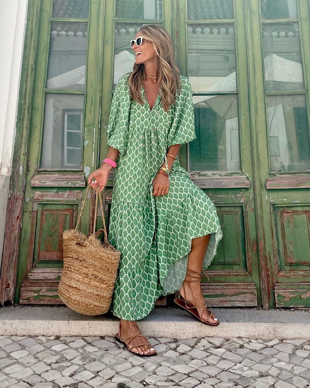 Tessa | Vestido Largo con Cuello en V y Estampado Geométrico