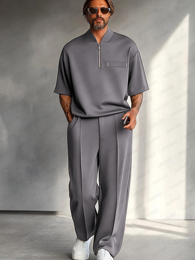 Methew | Conjunto De Polo Con Cremallera Y Pantalones De Pierna Ancha Para Hombre