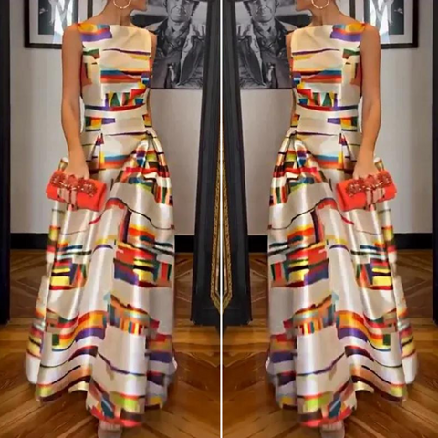 Vivien | Vestido Maxi con Estampado Geométrico Espalda Abierta