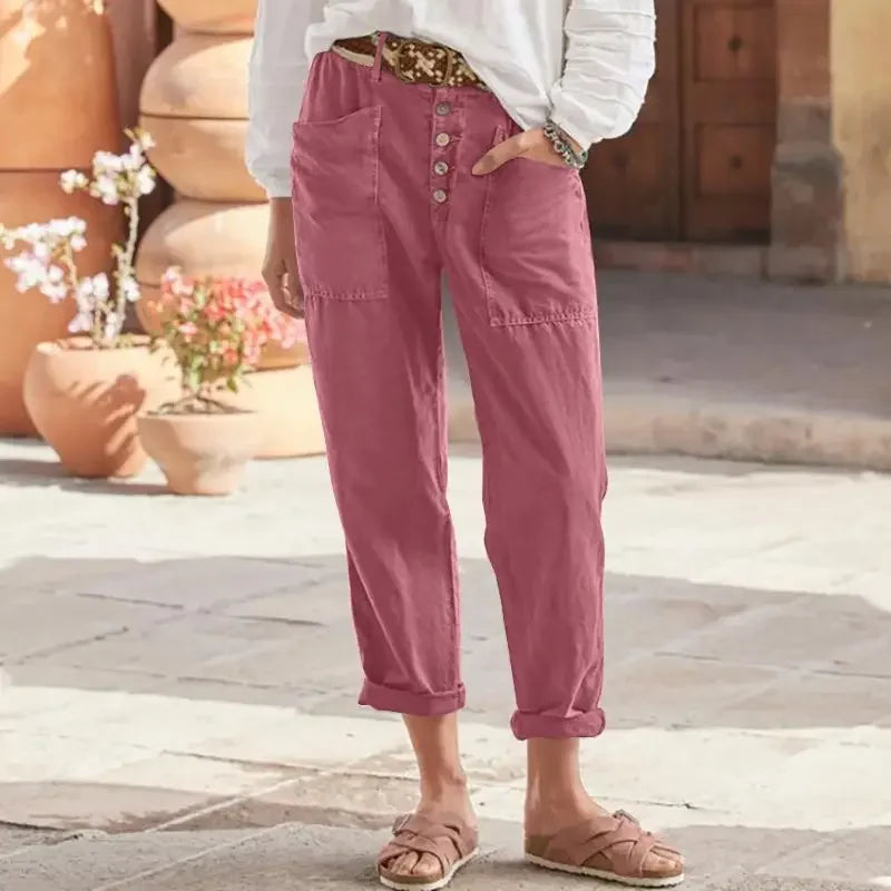 Inge - Pantalones Ajustados Tobilleros Con Botones Frontales y Bolsillos Funcionales
