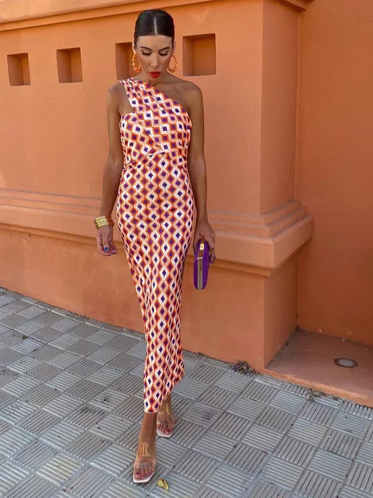 Svetlena | Vestido Maxi Estampado de Un Hombro