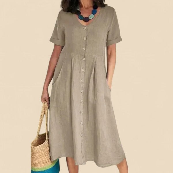 Vivienne | Vestido MIDI Con Cuello en V Y Botones en La Parte Delantera