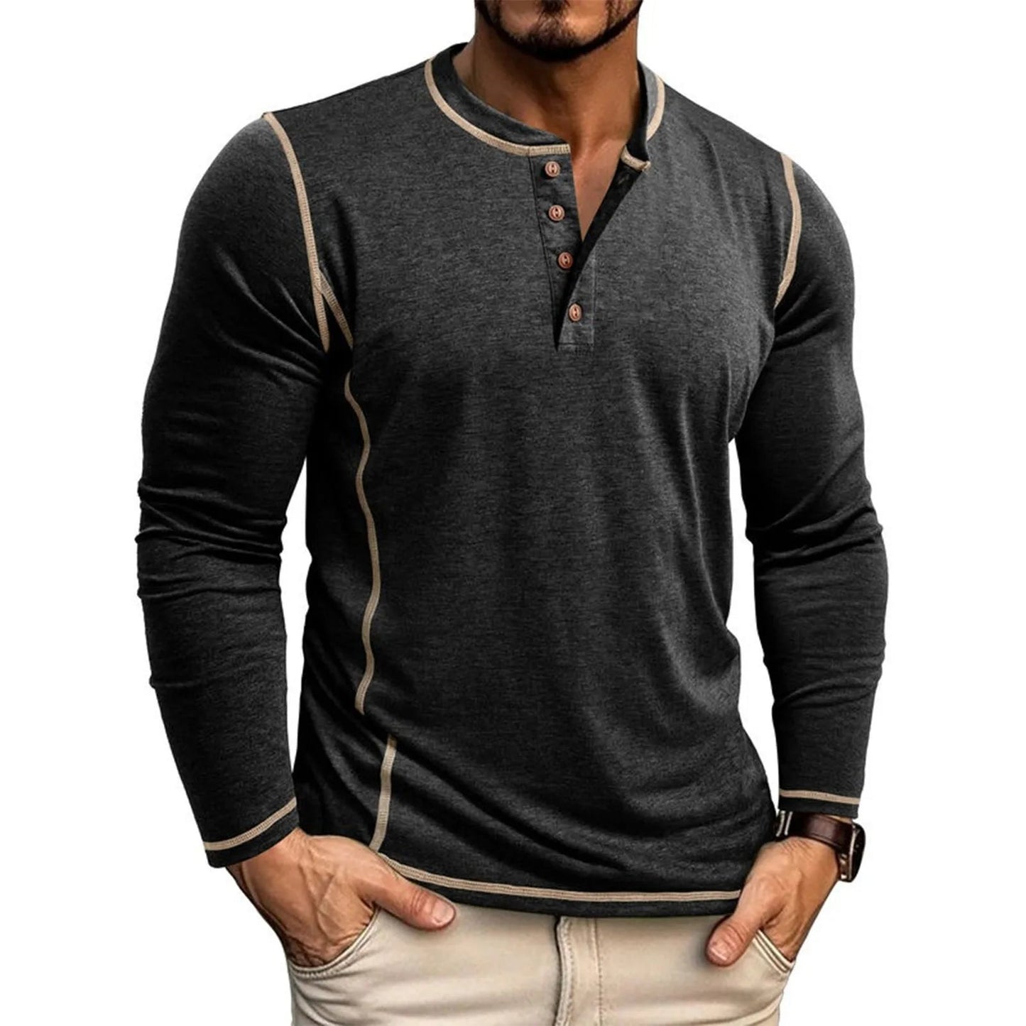 Chuck | Camiseta Henley De Manga Larga Con Costuras en Contraste