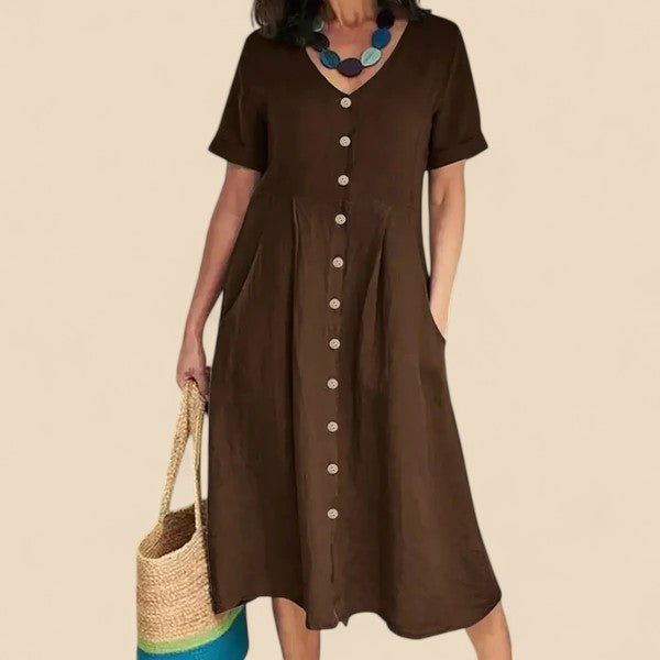 Vivienne | Vestido MIDI Con Cuello en V Y Botones en La Parte Delantera