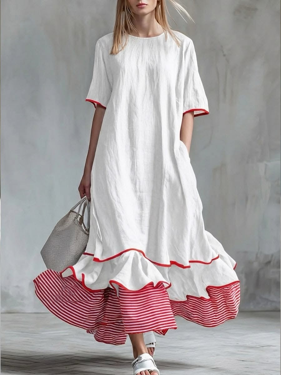 Behice | Vestido Largo Blanco De Manga Corta Con Bajo en Contraste