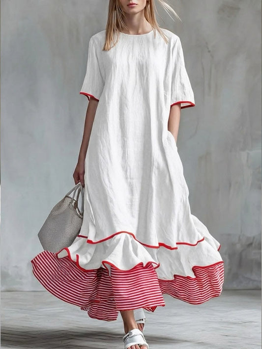 Behice | Vestido Largo Blanco De Manga Corta Con Bajo en Contraste