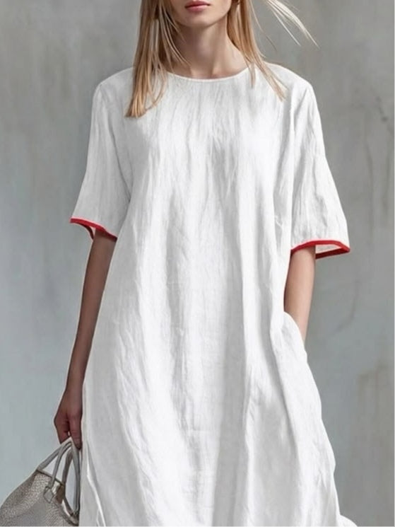 Behice | Vestido Largo Blanco De Manga Corta Con Bajo en Contraste