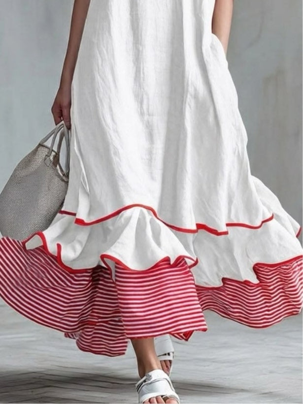 Behice | Vestido Largo Blanco De Manga Corta Con Bajo en Contraste