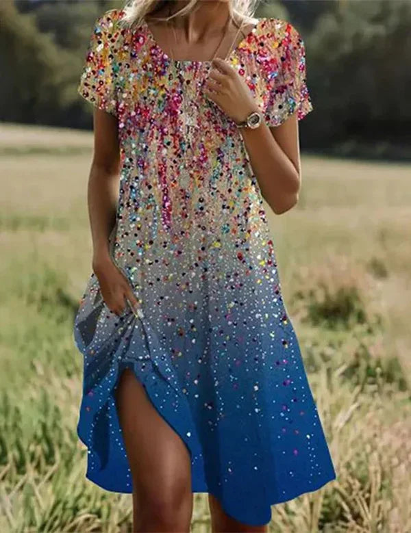 Giovana - Vestido Midi Estampado de Manga Corta