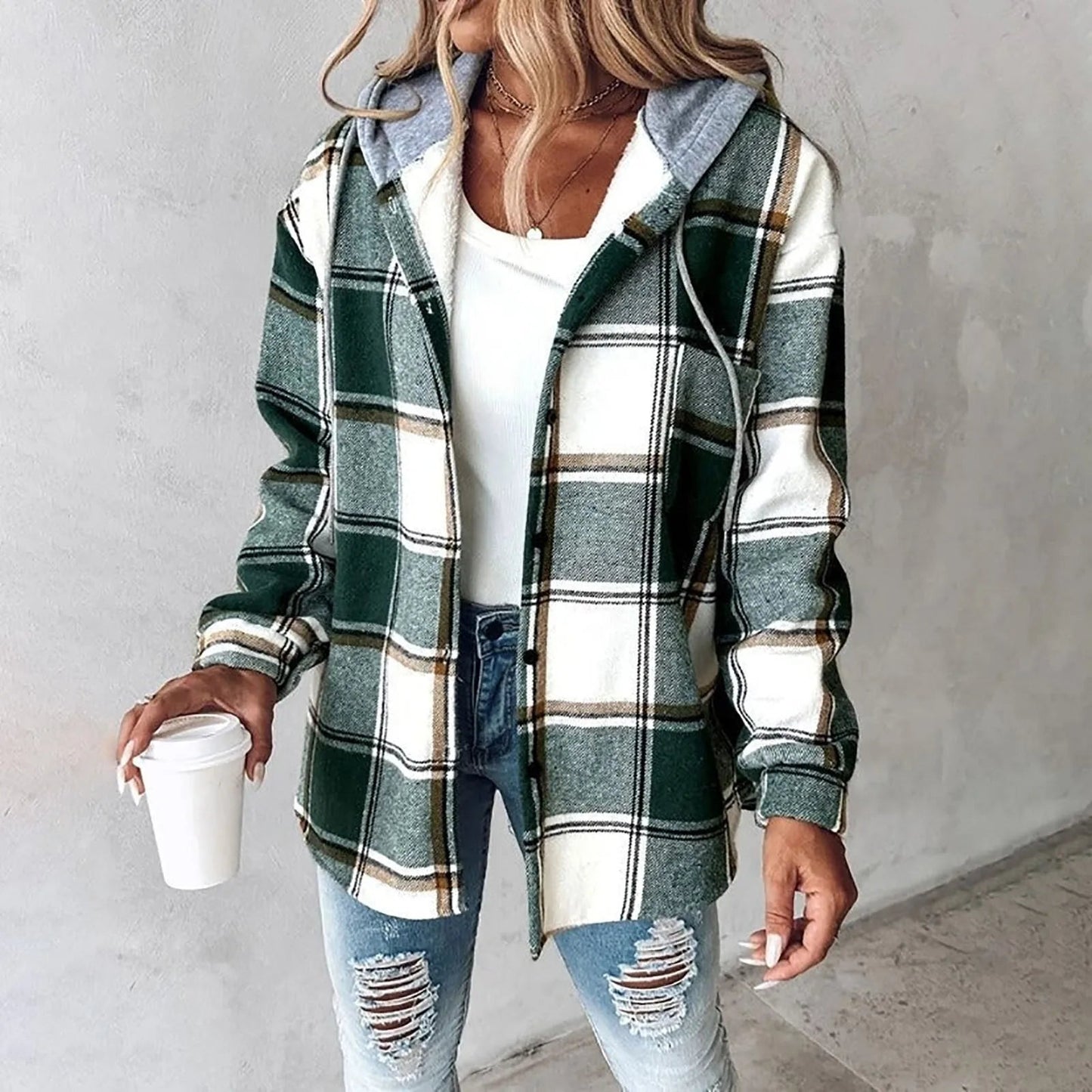 Katherina | Chaqueta Tipo Camisa a Cuadros Con Capucha Y Botones