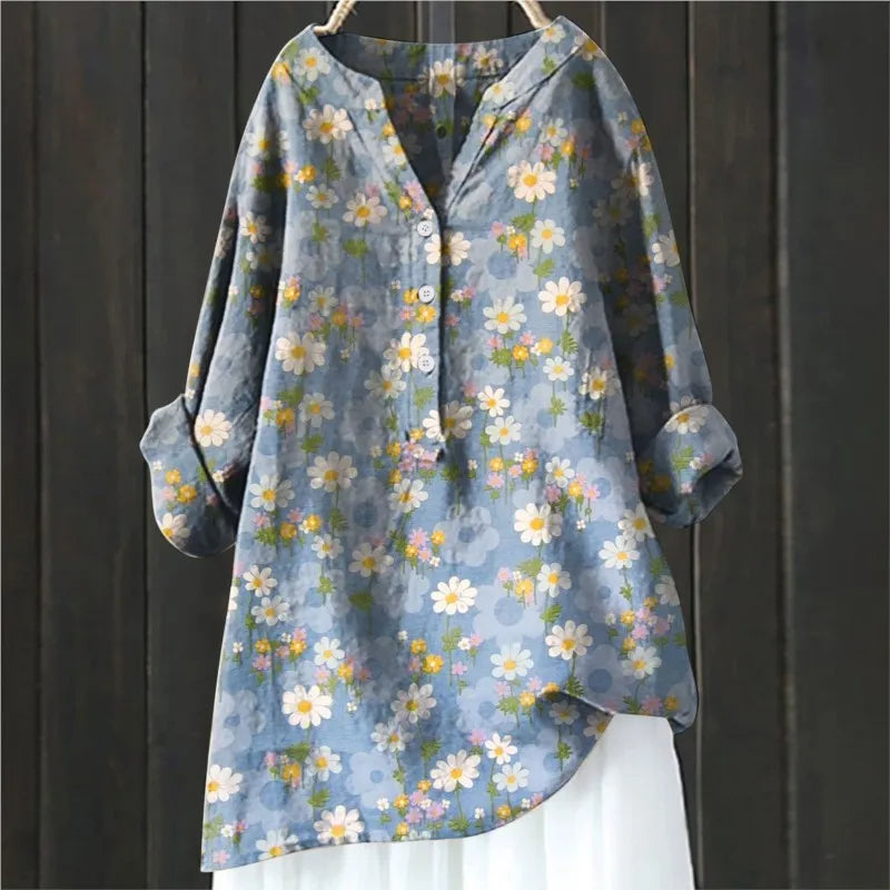 Jovita - Blusa de Manga Larga Con Cuello en V y Estampado Floral