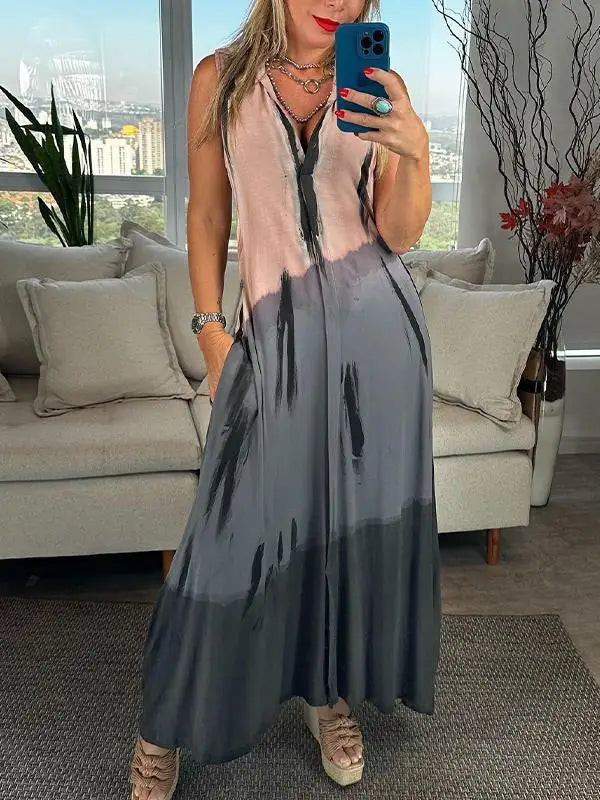 Meleana - Vestido Largo Sin Mangas Con Cuello en V y Efecto tie-Dye