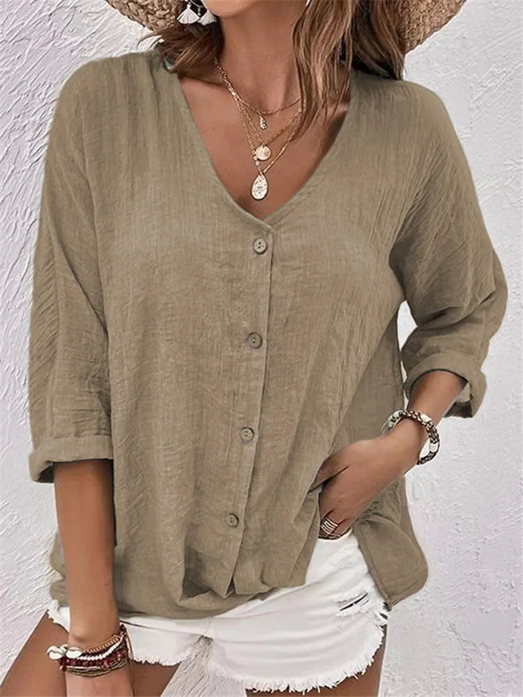 Rosalinda - Blusa de Lino Con Cuello en V y Botones