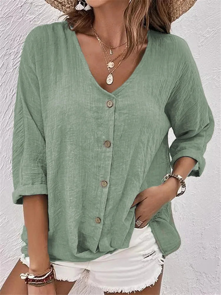 Rosalinda - Blusa de Lino Con Cuello en V y Botones