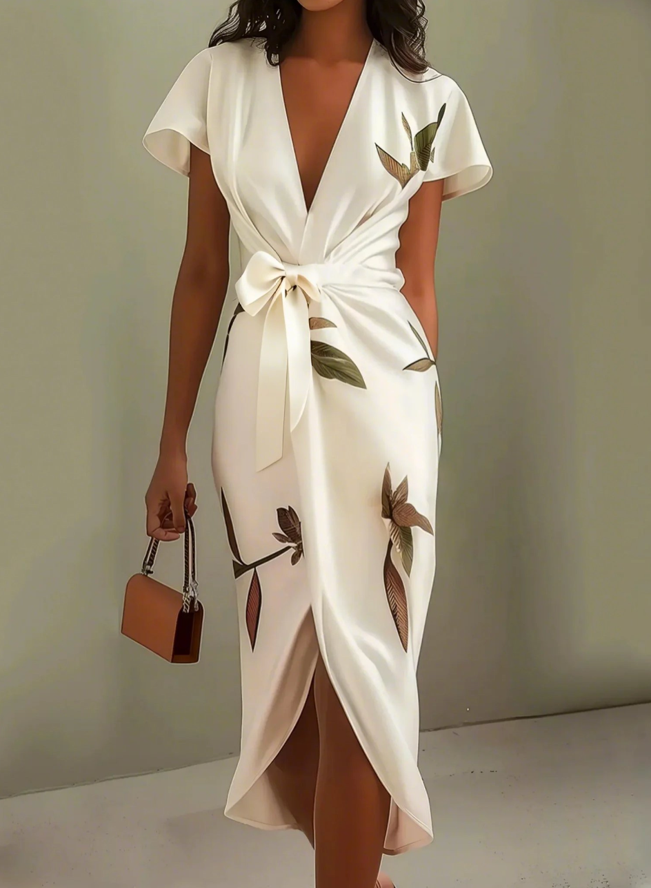 Beverly | Vestido MIDI Cruzado Blanco Con Estampado Floral Y Cuello en V