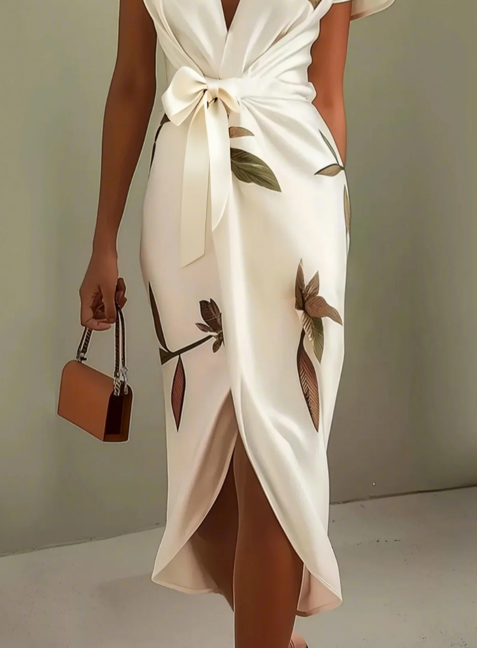 Beverly | Vestido MIDI Cruzado Blanco Con Estampado Floral Y Cuello en V