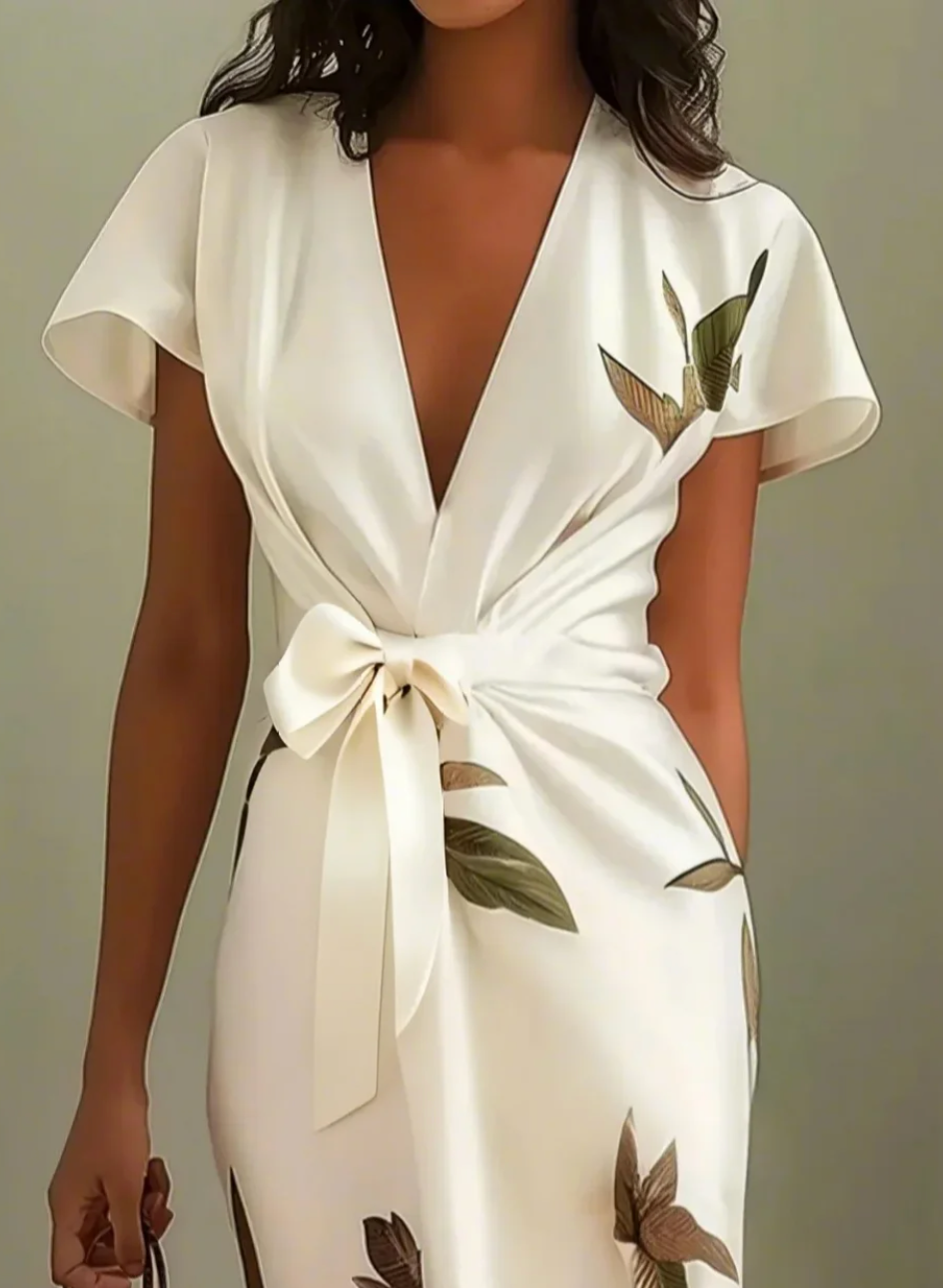 Beverly | Vestido MIDI Cruzado Blanco Con Estampado Floral Y Cuello en V