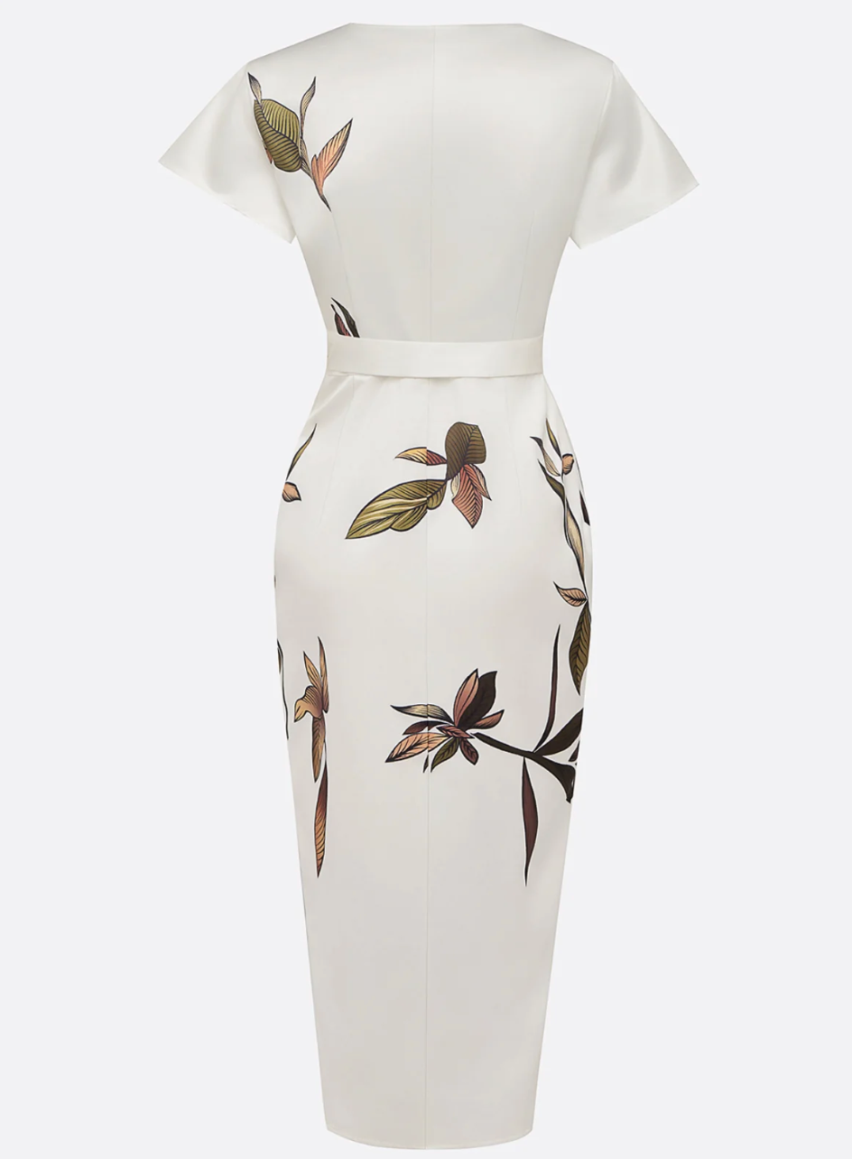 Beverly | Vestido MIDI Cruzado Blanco Con Estampado Floral Y Cuello en V
