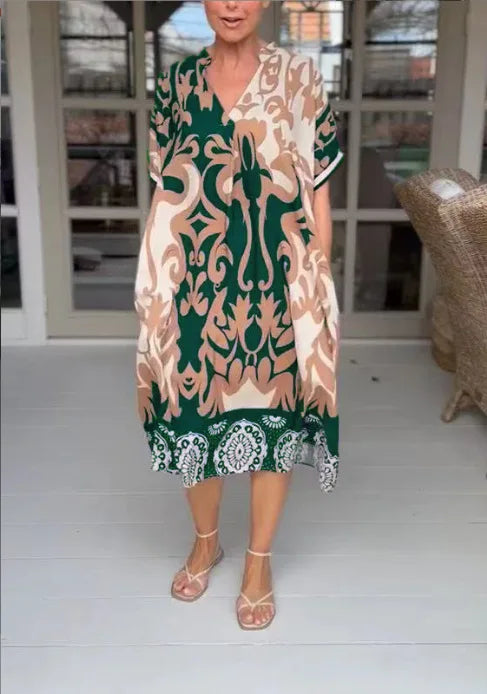 Rilana | Vestido Midi Holgado Estampado Cuello V