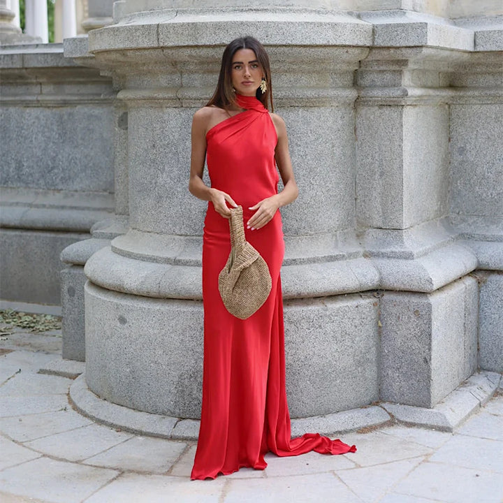 Lucila - Vestido Largo Drapeado Con Cuello Halter