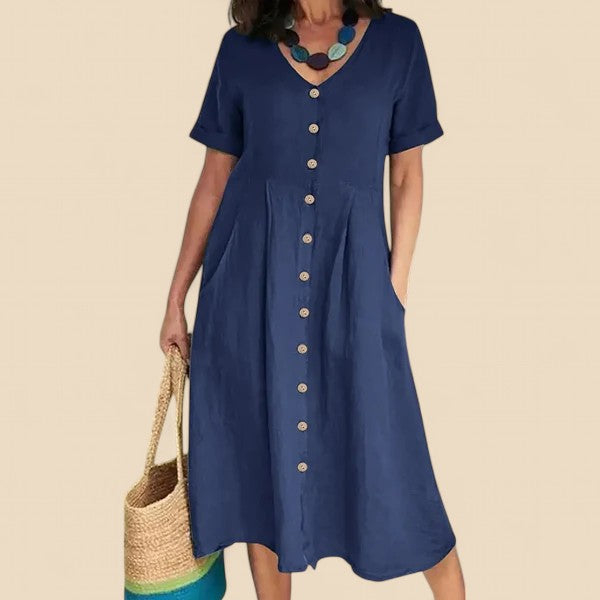 Vivienne | Vestido MIDI Con Cuello en V Y Botones en La Parte Delantera