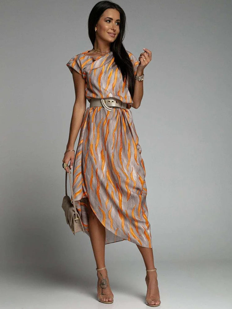 Angie - Vestido Midi Asimétrico Estampado Con Cinturón