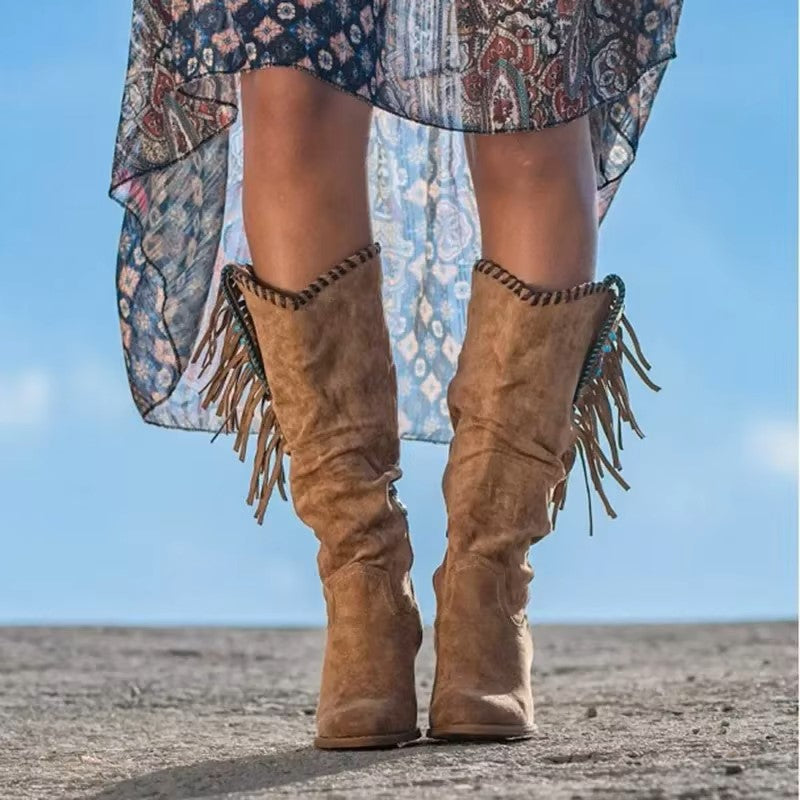 Susana | Botas De Tacón Grueso Con Flecos Hasta La Mitad De La Pantorrilla