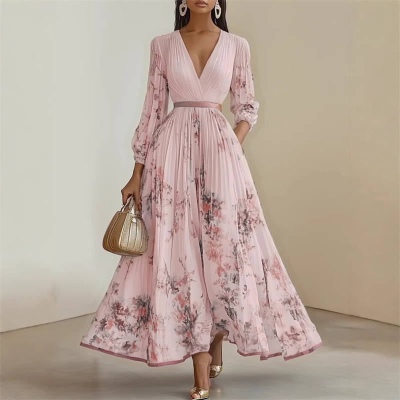 Pramudi | Vestido Largo De Manga Larga Con Cuello en V Y Pliegues Florales