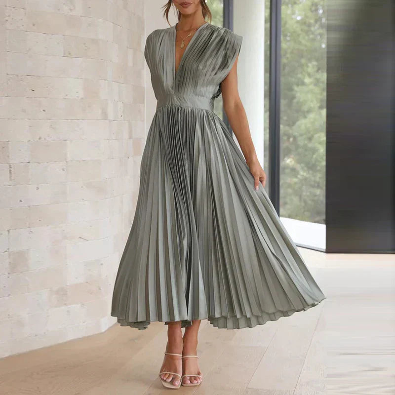Gonny | Vestido Midi Plisado Sin Mangas Cuello V