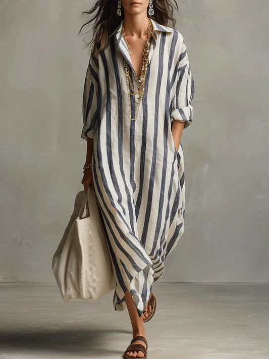 Danielli - Vestido Camisero Largo De Corte Holgado Con Rayas Verticales