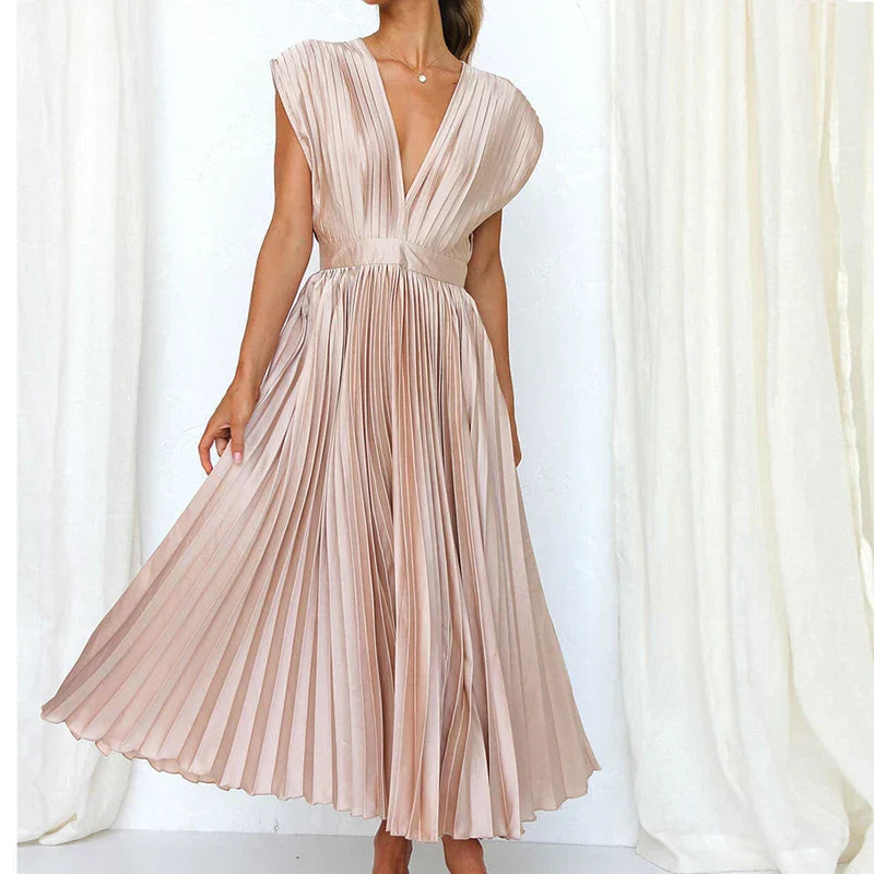 Gonny | Vestido Midi Plisado Sin Mangas Cuello V