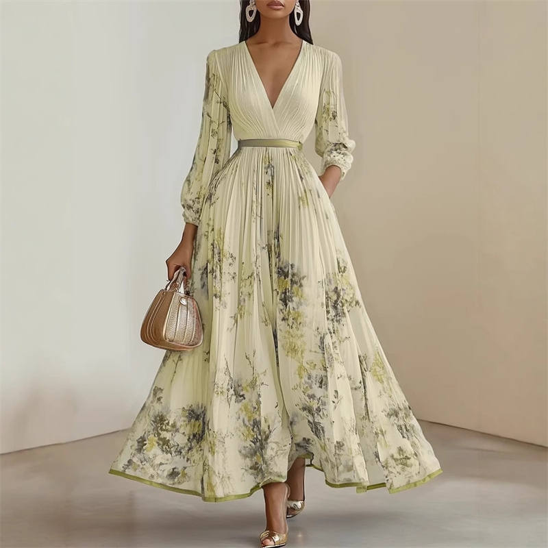 Pramudi | Vestido Largo De Manga Larga Con Cuello en V Y Pliegues Florales