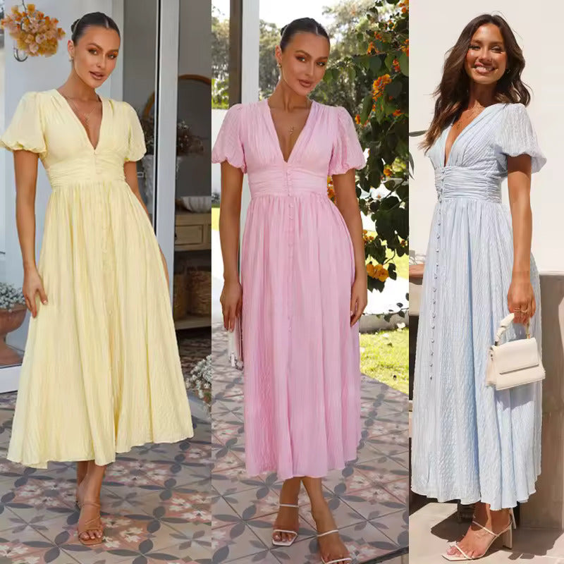 Sneja | Vestido Midi Con Mangas Abullonadas y Botones