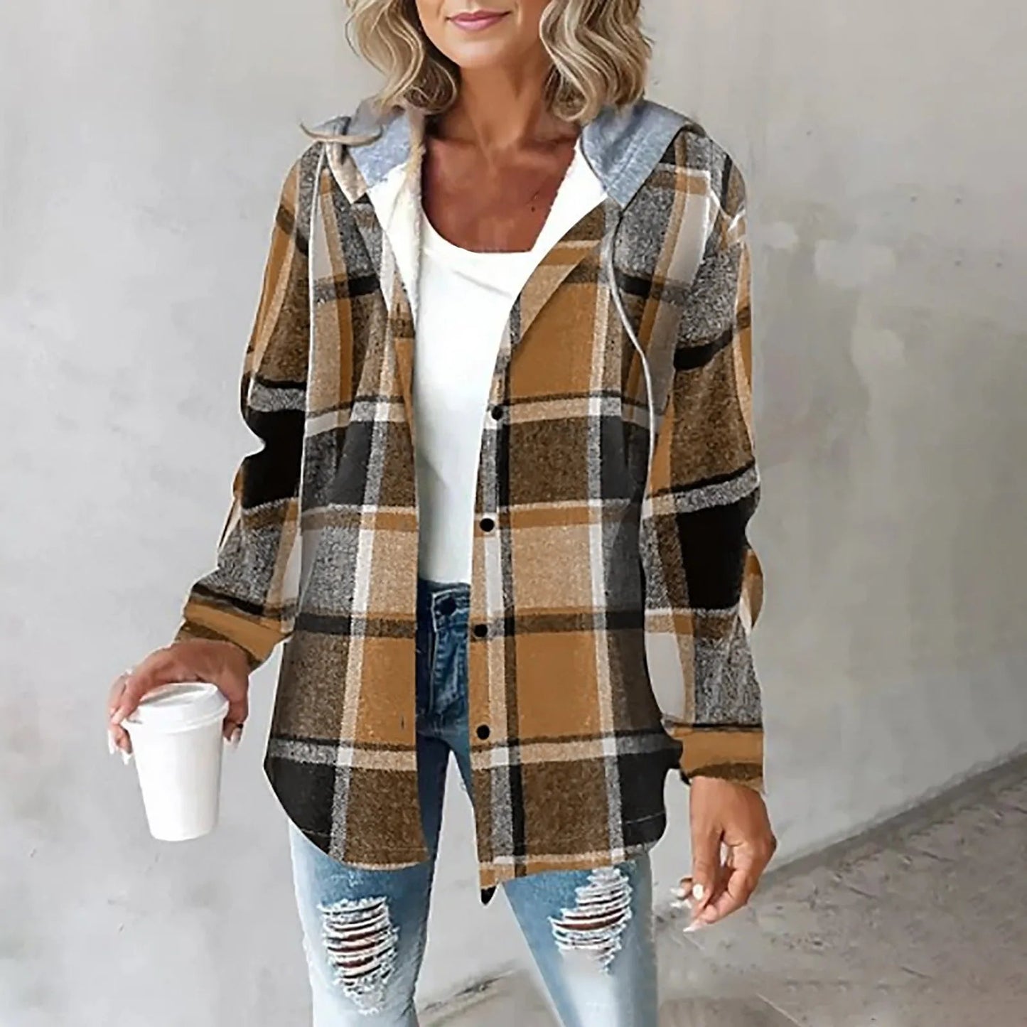 Katherina | Chaqueta Tipo Camisa a Cuadros Con Capucha Y Botones