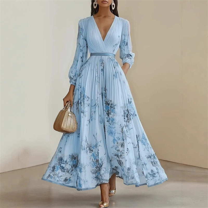 Pramudi | Vestido Largo De Manga Larga Con Cuello en V Y Pliegues Florales