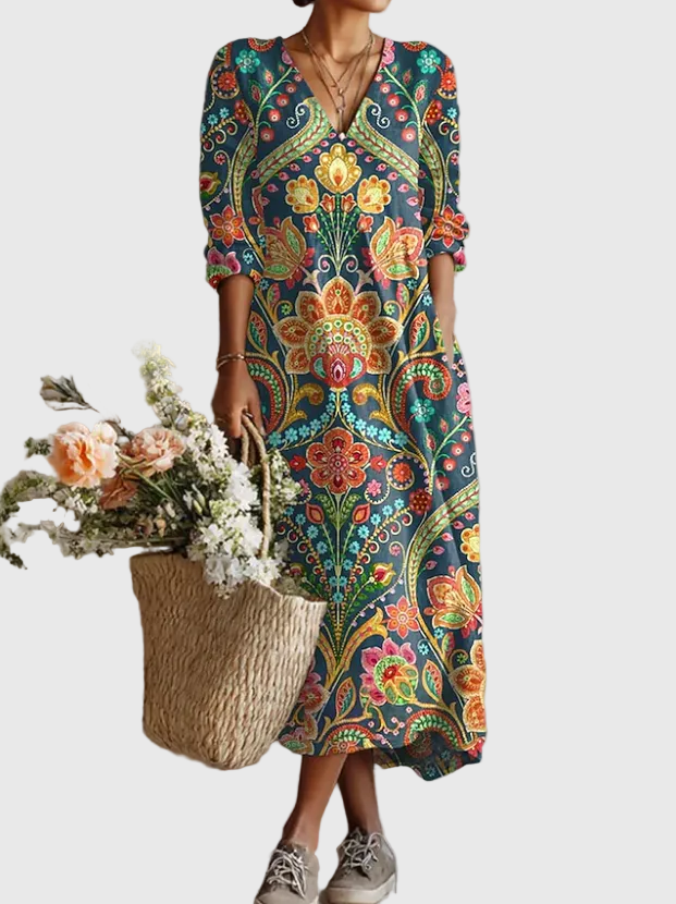 Lashini | Vestido Maxi Estampado Cuello V Manga Larga