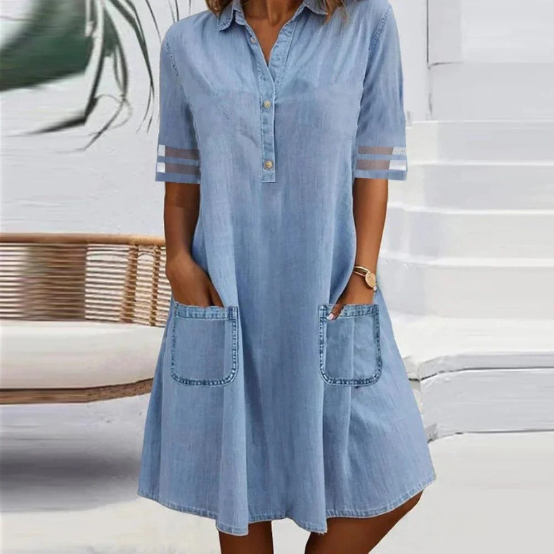 Tammin - Minivestido Informal De Denim Estilo Camisa, Con Mangas Cortas Y Bolsillos Delanteros
