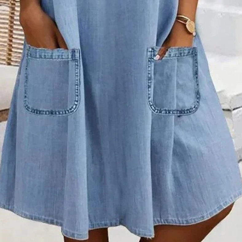 Tammin - Minivestido Informal De Denim Estilo Camisa, Con Mangas Cortas Y Bolsillos Delanteros